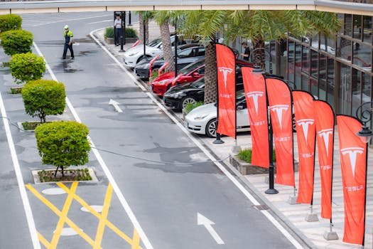 GM vs Tesla Electric Vehicles: A Comprehensive Comparison of Today and Future Pipelines Aerial view of multiple Tesla cars parked alongside branded flags in a city street.